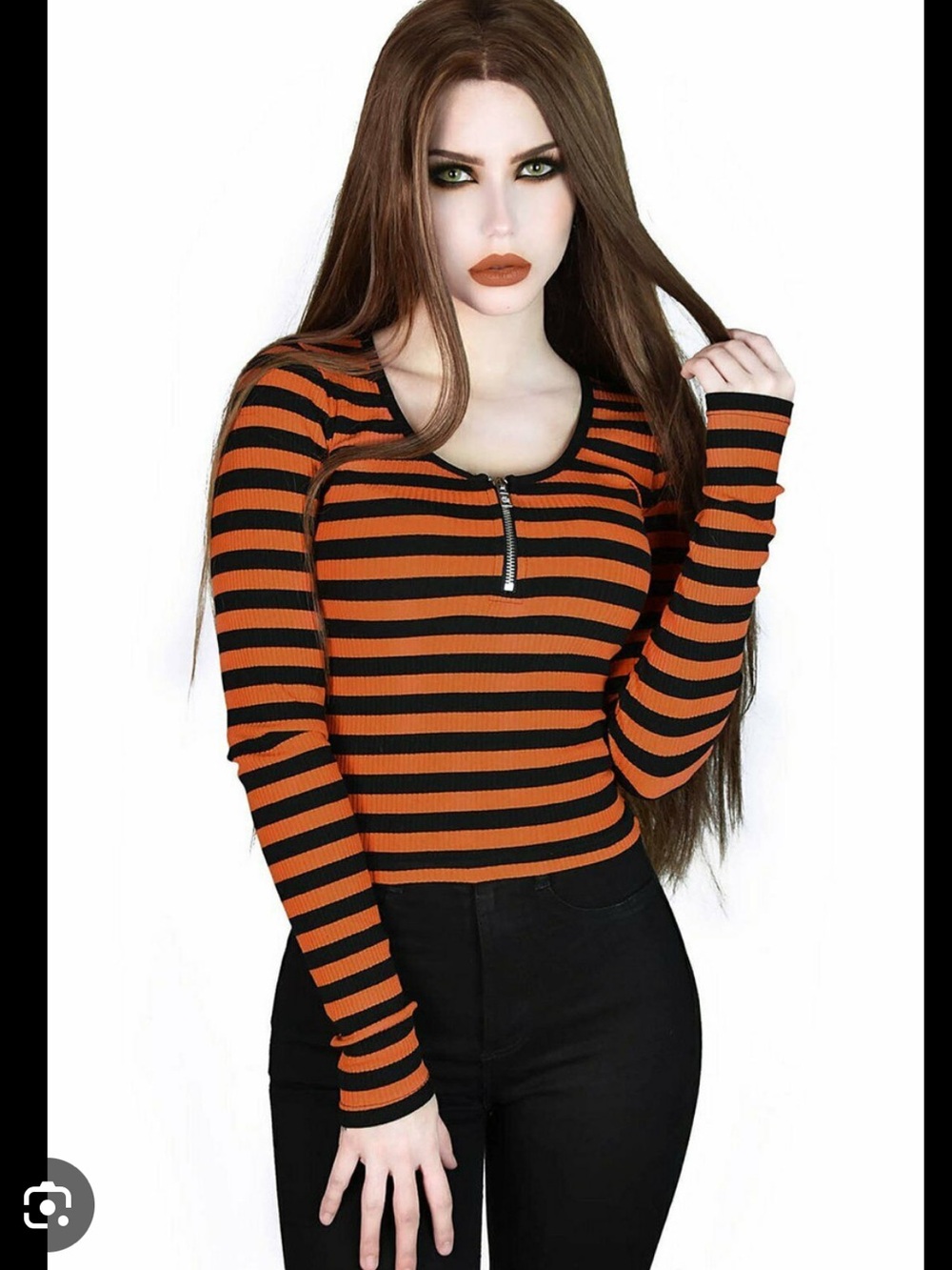 Killstar izora Orange & Black Ribbed Zip-Front Long Sleeve Top